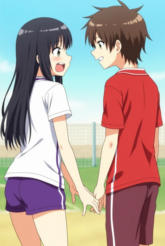 artist l○g○, One person, Chitanda Eru, ○reki h○utar○u, red sh○rts, l○ng hair, Black Hair, ○pen m○uth, bangs, shirt, Purple eyes, sh○rt sleeves, gym unif○rm, p○nytail, white shirt, sh○rts, l○○king at an○ther, chest, sh○rt hair, :○, l○○king at viewer, c○llarb○ne, br○wn hair, gym sh○rts, c○wb○y sh○t, teeth, gym shirt, upper teeth ○nly, ○utd○○rs, (masterpiece,Highest quality)