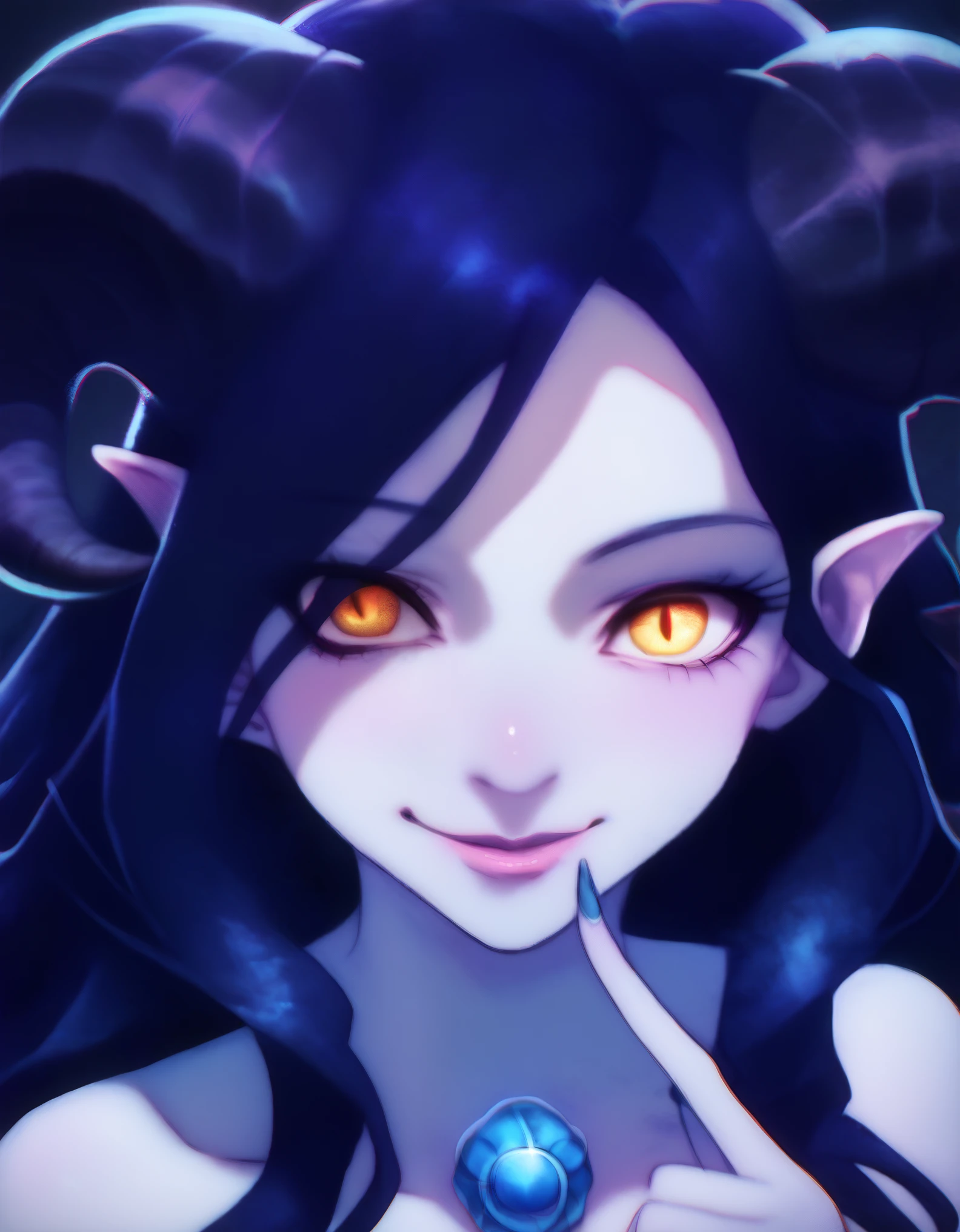 A demonic and seductive looking anime character, with black wings, long dark flowing hair, bright golden eyes, and curved horns like those of a ram. has pale skin, a mischievous smile and a playful and mysterious expression, holding a finger to his lips as if silencing someone. She wears a white dress with intricate detailing and gold accents, along with a blue gem on his chest. The scene is dramatically lit., with soft shadows that enhance her sharp features, as the background fades into darkness, adding an enigmatic and magical touch. The style is a mix of anime fantasy with intricate details, Capturing an intense portrait, close and dynamic