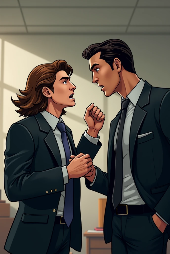 draw two guys on businessman attire one formal and one a bit casual, one is taller and has dark brown slicked back hair, brown eyes, light olive skin. the other one has long wavy brown hair and hazel eyes, shorter than the other guy and is always serious. the tall guy looks like he's provoking the other guy. 