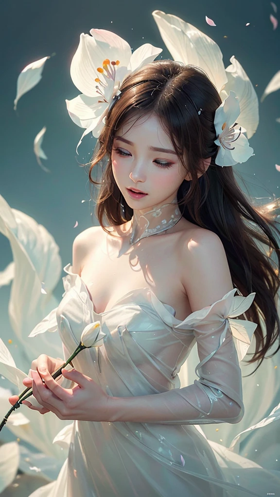 White Background、Professional Lighting、(((Professional Lighting 1.5)))、Translucent skin texture、Clear Skin、Beautiful Skin、、Off the shoulder、White Dress、See-through、Feathers are fluttering、Ecstasy of Musical Notes、Sensual Beauty、Functional beauty、(Fantastic world view 1.2)