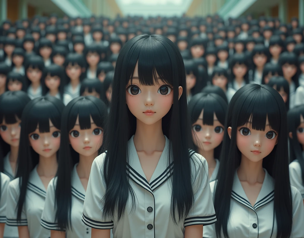 (Japanese Clone-girls=Myself), (Super Best masterpiece Clone-girls Raw Photography Art), (16K, Highest quality, Ultra-high resolution, RAW Photos), (It's so unrealistic., With unparalleled depiction, With an unfathomable sight, An unprecedented and shocking worldview, Clone-girls: In a world of mass reproduction, Ultra-realistic), (Japanese Girls, 16yo, Small face, Thick black hair, long hair, Dark Eyes, Mature face, かわいいsmile, Smiling face, A gentle gaze, Very pleasant look), (Very beautiful detailed girls, Accurate body structure, Accurate body movements, Very detailed body, (Super big breasts, Large bulge of ample breasts)), (Schoolgirl uniform, Short sleeve, mini skirt, Emphasise the fullness of your breasts), (Very detailed, Myself cloning, Depiction of splitting oneself, 1Myself girl→1,000,000,000,000,000,000,000,000,000,000Myself cloning girls), (Very detailed and intricate, Myself's body is multiplying, A perfectly matched depiction, (In the same female body,With the same face, With the same hairstyle, In the same clothes, At the same height, 同じSuper big breasts), 1,000,000,000,000,000,000,000,000,000,000 people mass proliferation), (Myself girls only), Academy, academic level, Commemorative photo depiction, Tiered stage photography, smile, Front view