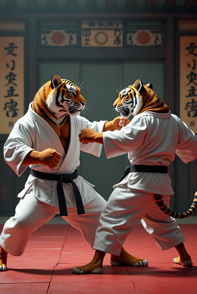 Crie uma imagem hiper-realista e vibrante de dois tigres em karate uniforms lutando um contra o outro em um dojo tradicional japonês. Both tigers must be dressed in gi (karate uniforms) white, with black belts tightly fitted around the waist. The gis must have realistic textures, highlighting the weight and lightness of the fabric, with visible folds and creases that reflect intense movement.

Tigre 1:
Posture and Movement: The first tiger is in an aggressive pose, perhaps about to deliver a powerful punch or kick. His claws are visibly sharp, and your muscles are extremely detailed and tense. The tiger must show a fierce and focused expression, with bright eyes and a posture that conveys strength and determination.
detaileds: Add realistic sweat drops along your body, highlighting the effort. The skin should have a natural glow, with distinct stripes and detailed textures that reflect the lighting.
Tigre 2:
Posture and Movement: The second tiger must be in a defensive or counter-attacking position., perhaps blocking the first tiger&#39;s attack. Your posture should reflect agility and precision. Facial expression should be equally intense and focused., with well-defined muscles highlighted by movement.
detaileds: Like the first tiger, add sweat dripping down the skin and highlight the textures and stripes in the coat.
enviroment:
dojo: The dojo must be represented with high accuracy, with a red or blue tatami showing realistic textures and signs of use. Walls should have rice paper panels (shoji) with detailed patterns and a wooden strip with Japanese characters (kanji) meticulously carved. Include karate accessories, as training poles (makiwara) and swords (bokken), with realistic finishes and detailed wood.
Lighting and Atmosphere: Lighting should be dramatic and realistic, with a soft focus that highlights the tigers&#39; musculature and actions. Shadows must be natural, accentuating the movement