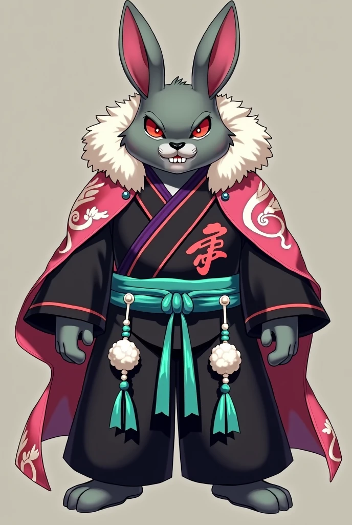 Larger and tougher than the rest of his race, he is extremely intimidating to look at. Resembles a grey hare rabbit, inner pink ears, a dark grey nose, and red color eyes. The right eye is covered by a slash mark, but when it is open the color is faded. Dresses up in a dark kimono with red marks under the waist line with an inner purple color, and tied X-shape turquoise ribbons from the belly to the backside. Wears a traditional pink cloth cape which had rabbit designs, a fluffy collar which has jade beads, two tied dangles and a white string holding a cotton ball center like a rabbit's tail. When Sunraku first encounters Vysache at his palace in the rabbit kingdom “Rabitz”, he perceives him as a Yakuza boss.