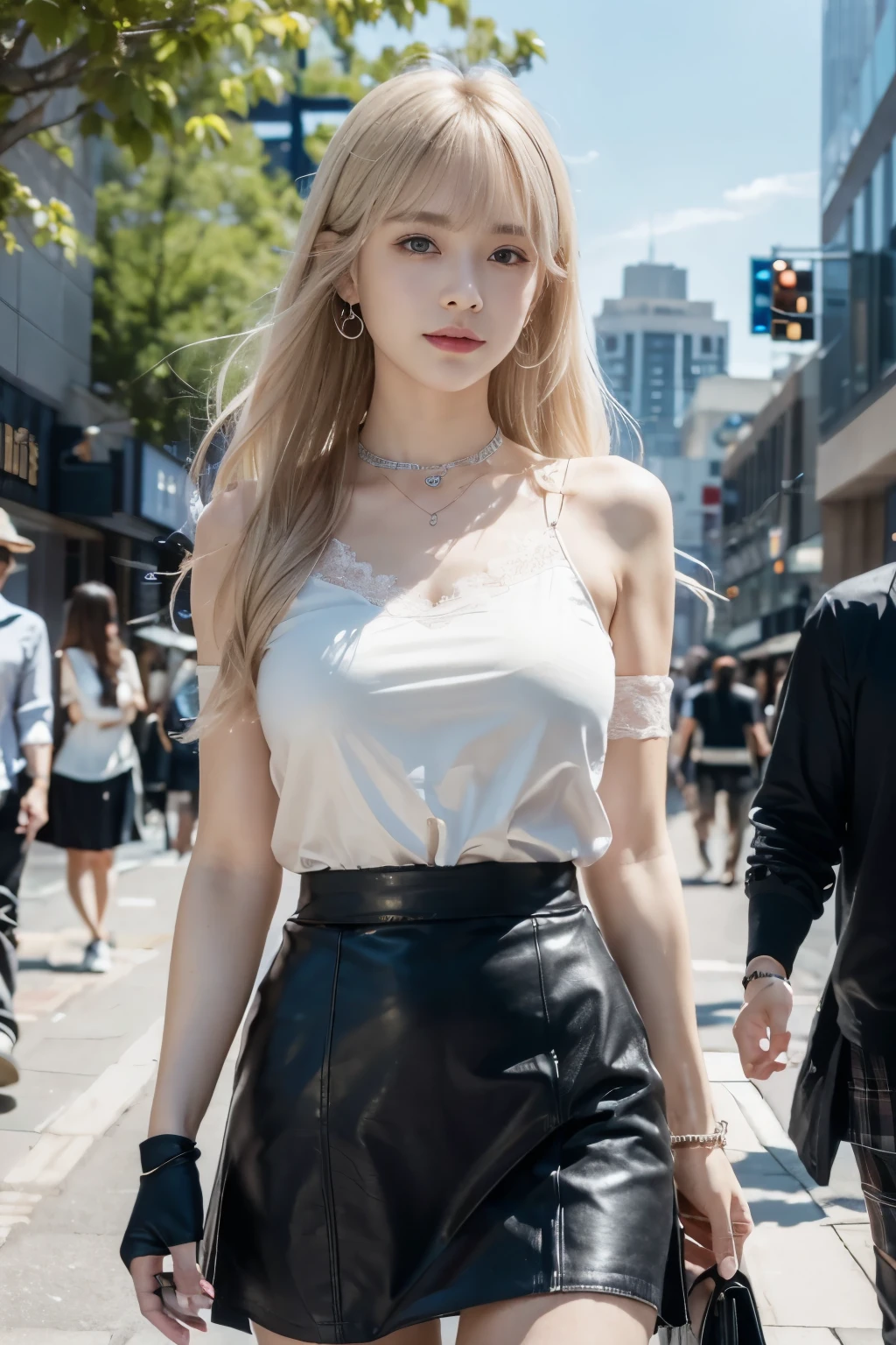 ★1x afternoon은 각도,from below,((masterpiece, highest resolution,best quality)), (beautiful picture), ((1 woman,cute,young,Semi long beautiful silver blonde hair,blunt bangs,beautiful eyes)),(alone),(Beautiful and elegant office blouse and black skirt),(looking at viewer), (walking around the Mall),
innocent smile, white knee high,Lace Choker, Wristband, fingerless gloves, knee high,
Lace Choker, Diamond necklace,Wristband, fingerless gloves, earring, movie lights, frightened,Mall,big city,busy street,afternoon,blue sky,Flowers and trees,Crowded,