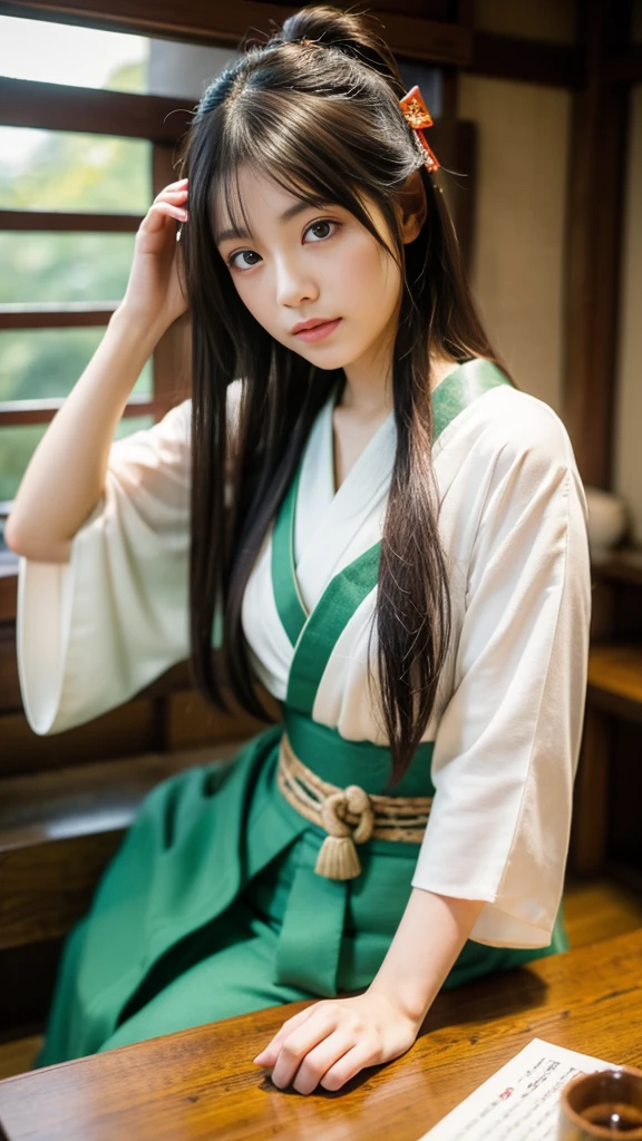 ((最high quality、Tabletop、8k、Best image quality、1Only people))、Japanese Shrine maiden of the Edo period、日本のhair飾り、Shrine maiden'White、Shrine maiden千早、Shrine maiden'Red too、long Red too、perfect red and white Shrine maiden costume、The atmosphere of ancient Japan、classic and classic Shrine maiden、Classic atmosphere、Depiction of the film、classic Shrine maiden、Full of Japanese atmosphere from the Edo period、Look at me、Elegant smile、Upper body photo、Perfectly recreates the atmosphere of Japan during the Edo period、halo、high quality、Japanese Idols、Line of sight、Medium Bob Hair、茶hair、Brown eyeshadow、Light pink blush、eyeliner、Beige lipstick、Glossy lips、細かいhair、少し乱れたhair、Fine lashes、Fine skin pores、(Realistic, 最high quality, Ultra-high resolution, Highly detailed eyes and face:1.3),(One person, alone:1.3),skirt,jewelry,length_hair,necklace,Earrings,Perfect body,Are standing,Large Breasts,View your viewers