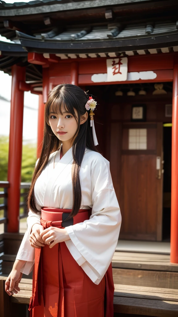 ((最high quality、Tabletop、8k、Best image quality、１Only people))、Japanese Shrine maiden of the Edo period、日本のhair飾り、Shrine maiden&#39;White、Shrine maiden千早、Shrine maiden&#39;Red too、long Red too、perfect red and white Shrine maiden costume、The atmosphere of ancient Japan、classic and classic Shrine maiden、Classic atmosphere、Depiction of the film、classic Shrine maiden、Full of Japanese atmosphere from the Edo period、Look at me、Elegant smile、Upper body photo、Perfectly recreates the atmosphere of Japan during the Edo period、halo、high quality、Japanese Idols、Line of sight、Medium Bob Hair、茶hair、Brown eyeshadow、Light pink blush、eyeliner、Beige lipstick、Glossy lips、細かいhair、少し乱れたhair、Fine lashes、Fine skin pores、(Realistic, 最high quality, Ultra-high resolution, Highly detailed eyes and face:1.3),(One person, alone:1.3),skirt,jewelry,length_hair,necklace,Earrings,Perfect body,Are standing,Large Breasts,View your viewers