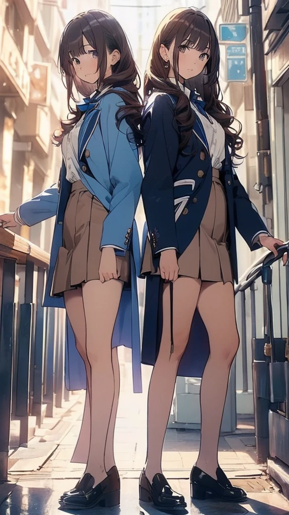 ((masterpiece, Highest quality, 8k, High resolution:1.2)), Blue skirt suit, High leg, Hazel Eyes, Blue blazer, Blue pencil skirt, Upper Body, (Brown Hair, Curly Hair, Long Hair), (Two people, duo, twins, clone), (Matching hairstyle, Matching Faces, Matching outfits)
