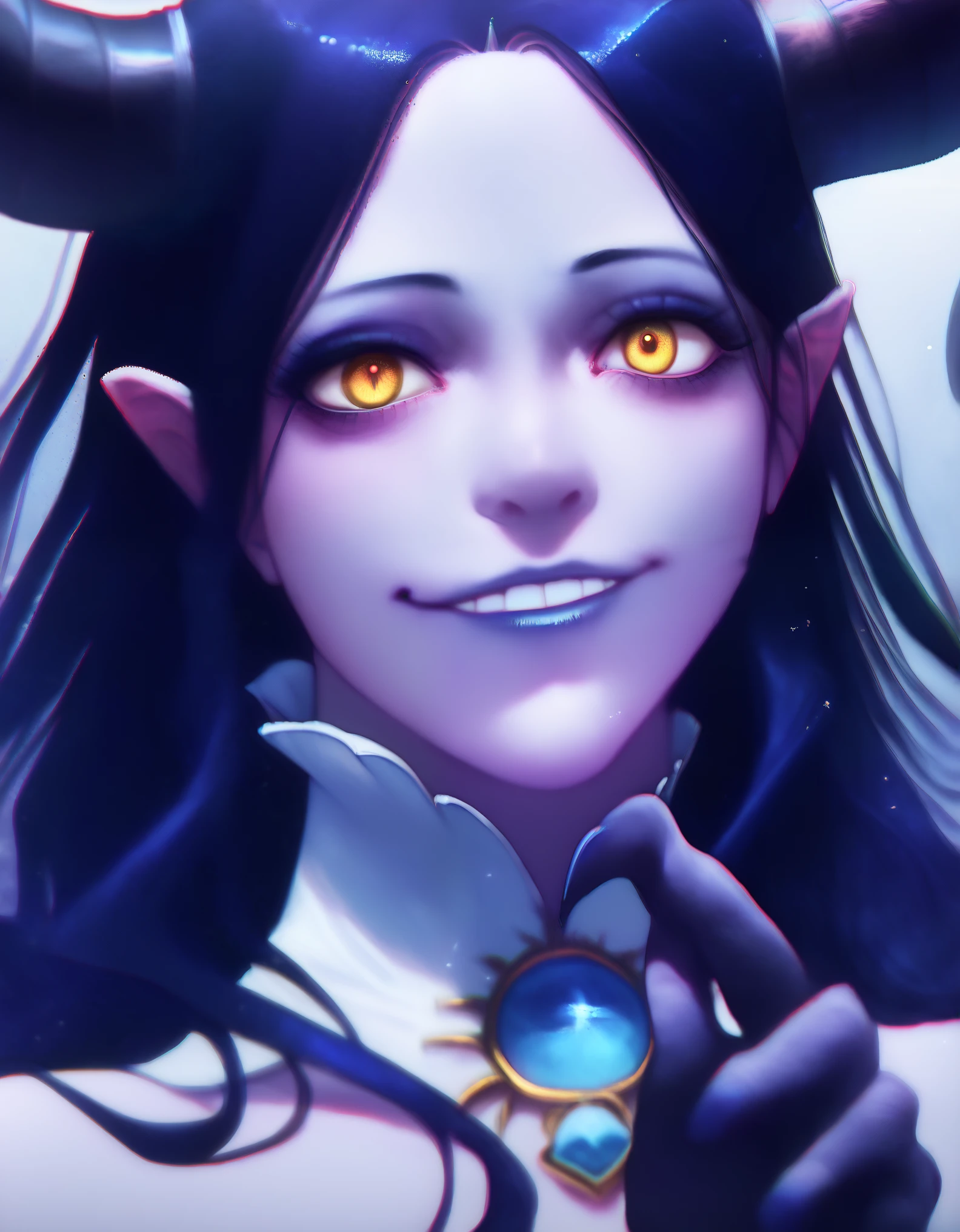 A demonic and seductive looking anime character, with black wings, long dark flowing hair, bright golden eyes, and curved horns like those of a ram. has pale skin, a mischievous smile and a playful and mysterious expression, holding a finger to his lips as if silencing someone. She wears a white dress with intricate detailing and gold accents, along with a blue gem on his chest. The scene is dramatically lit., with soft shadows that enhance her sharp features, as the background fades into darkness, adding an enigmatic and magical touch. The style is a mix of anime fantasy with intricate details, Capturing an intense portrait, close and dynamic