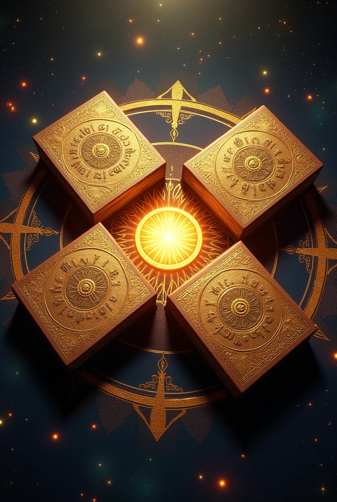 Here’s a prompt you can use to generate a similar image:
"Create an image of the four Vedas—Rigveda, Samaveda, Yajurveda, and Atharvaveda—represented as ancient, ornate books, each with intricate golden designs on their covers. The books should be placed in a circular pattern, with a radiant, glowing mandala in the center, symbolizing spiritual unity. The background should have a cosmic feel, with stars and celestial symbols highlighting the sacred nature of the texts. The image should have a warm, golden color scheme, and the text labels for each Veda should be clearly visible."