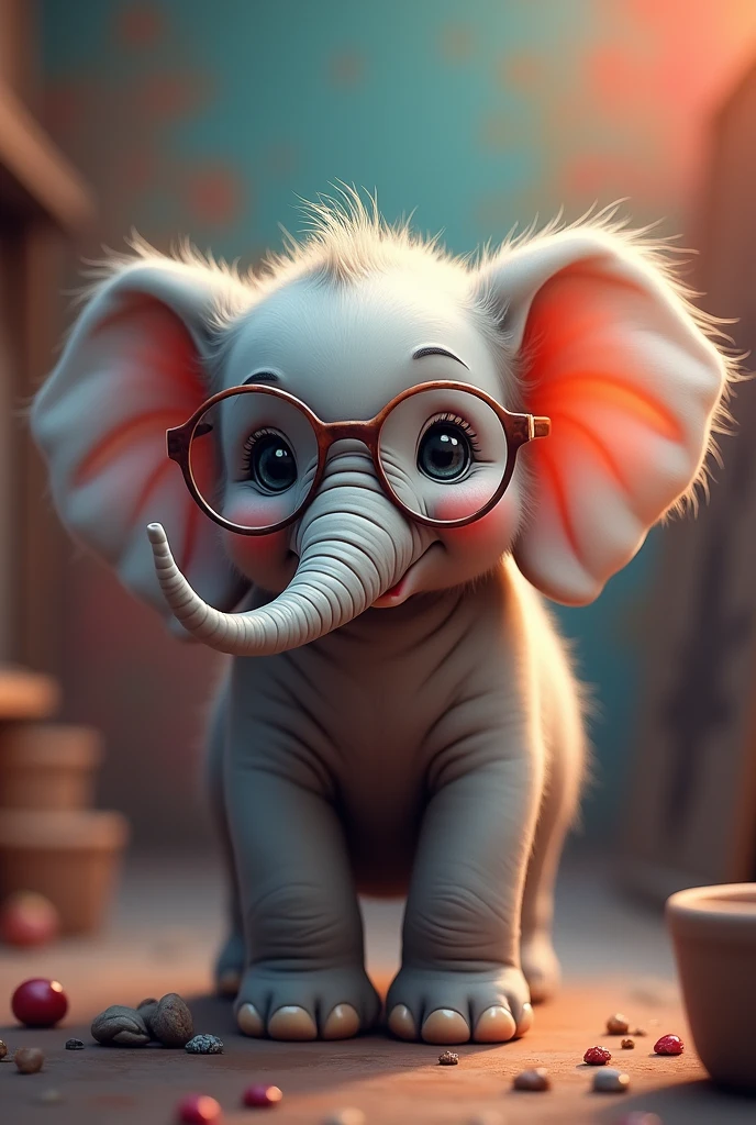 1 baby elephant wearing glasses, painting, hyperrealistic, highly detailed, vibrant colors, (best quality,4k,8k,highres,masterpiece:1.2),ultra-detailed,(realistic,photorealistic,photo-realistic:1.37),digital art, colorful palette, expressive eyes, intricate details, whimsical, adorable, cute, playful, warm lighting, soft focus, studio lighting, professional, vivid colors, bokeh