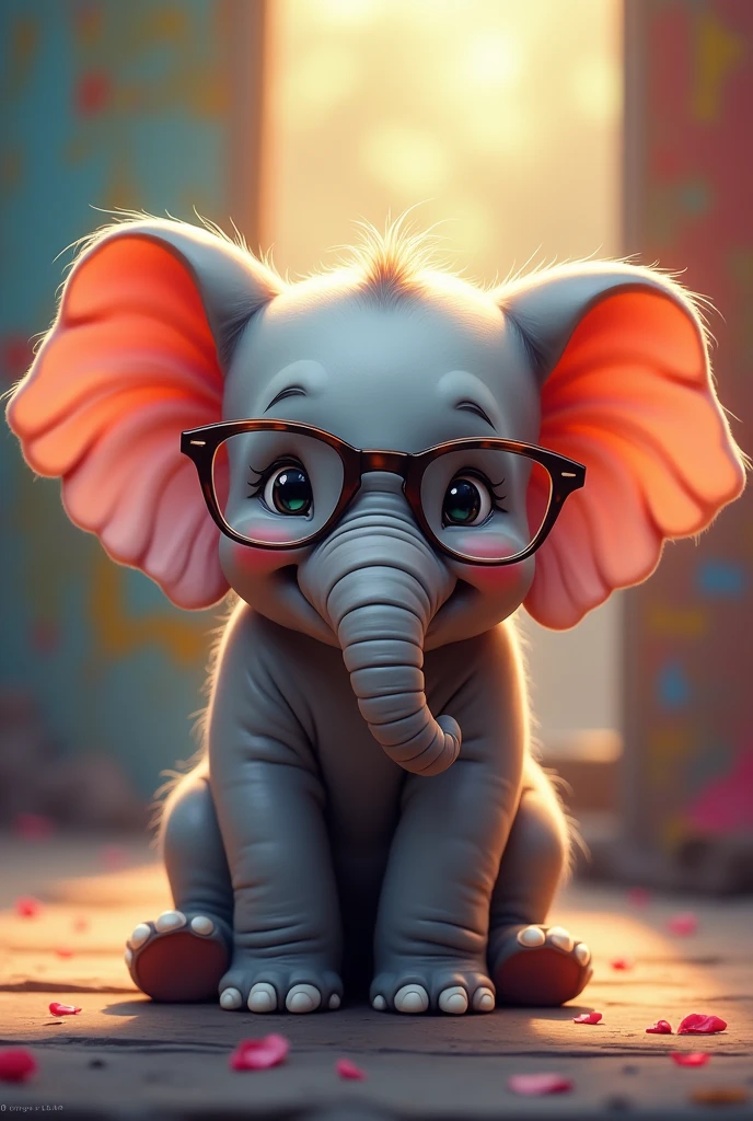 1 baby elephant wearing glasses, painting, hyperrealistic, highly detailed, vibrant colors, (best quality,4k,8k,highres,masterpiece:1.2),ultra-detailed,(realistic,photorealistic,photo-realistic:1.37),digital art, colorful palette, expressive eyes, intricate details, whimsical, adorable, cute, playful, warm lighting, soft focus, studio lighting, professional, vivid colors, bokeh