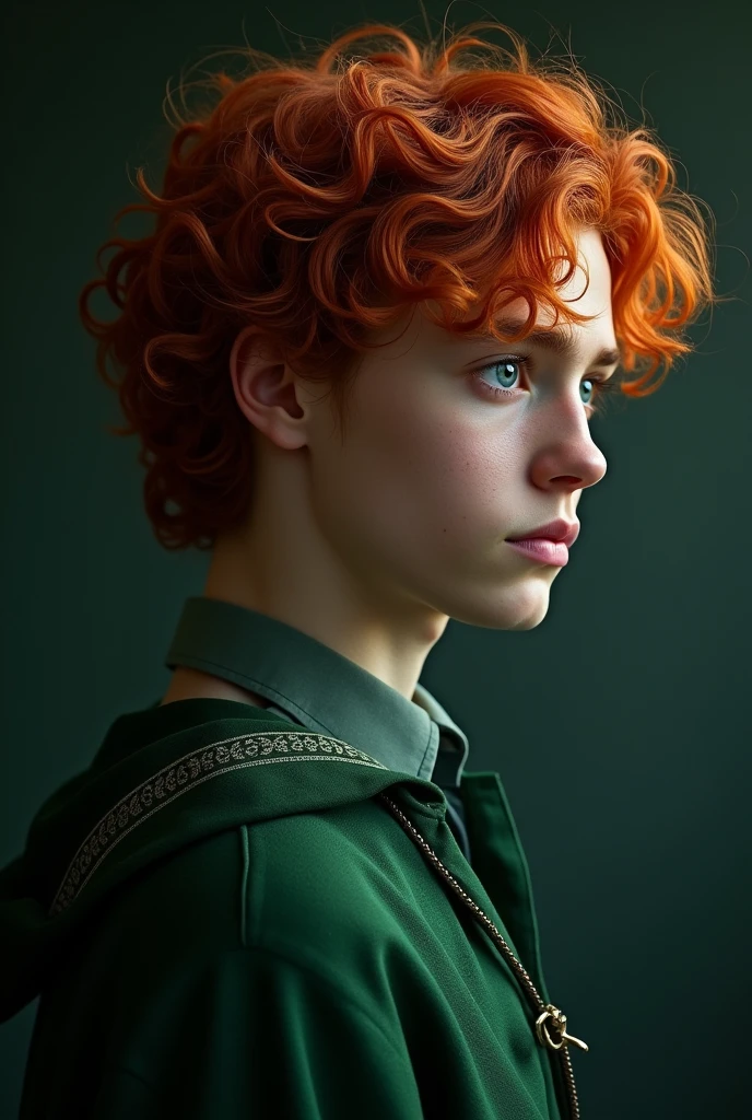 Serious curly red-haired guy with blue eyes. Standing in profile and looking at the screen. Dressed in Slytherin uniform. Realism.