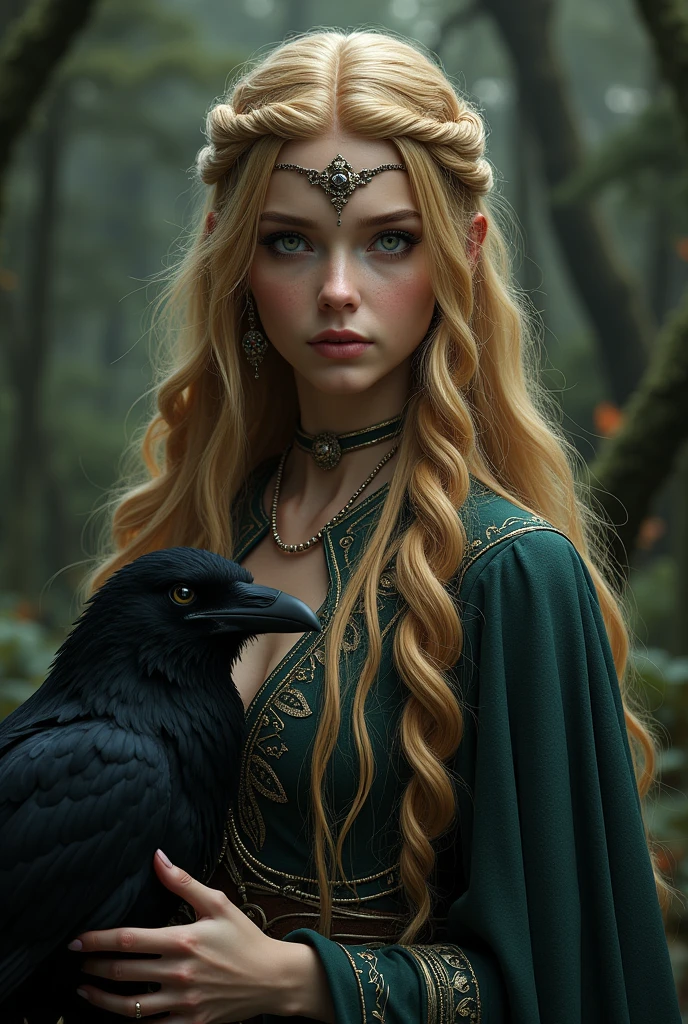 intricate detailed portrait of a sexy celtic witch, blonde hair in braids, wolf and raven, dramatic lighting, fantasy, hyperrealistic, octane render, 8k, cinematic, award winning, highly detailed, ornate, ethereal, enchanting, mystical, photorealistic, elegant, chiaroscuro, dramatic contrast, moody, atmospheric