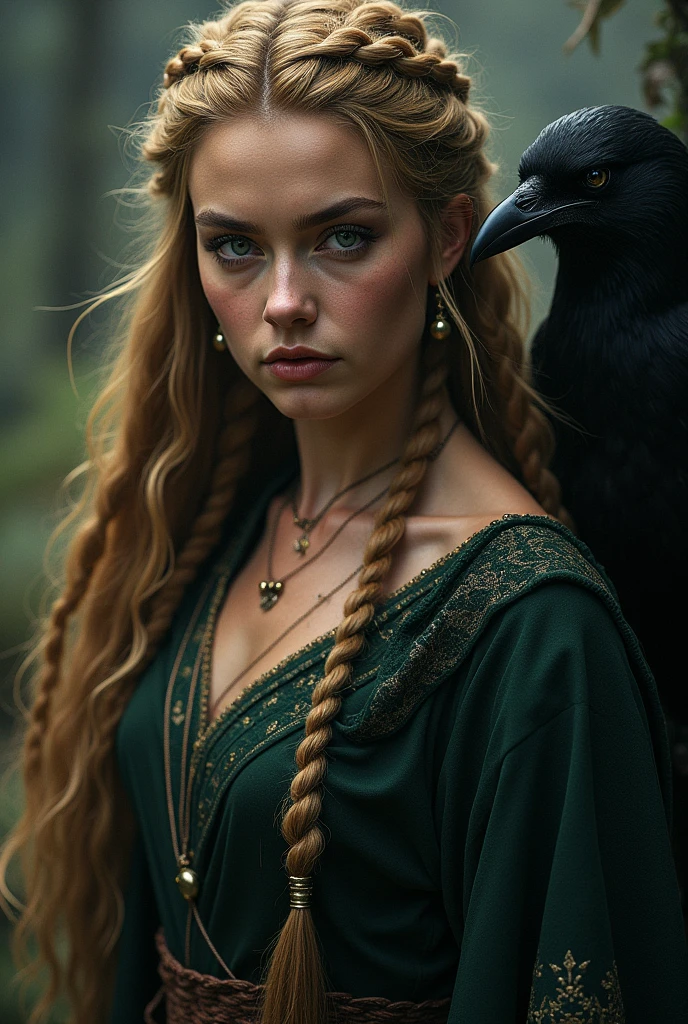 intricate detailed portrait of a sexy celtic witch, blonde hair in braids, wolf and raven, dramatic lighting, fantasy, hyperrealistic, octane render, 8k, cinematic, award winning, highly detailed, ornate, ethereal, enchanting, mystical, photorealistic, elegant, chiaroscuro, dramatic contrast, moody, atmospheric