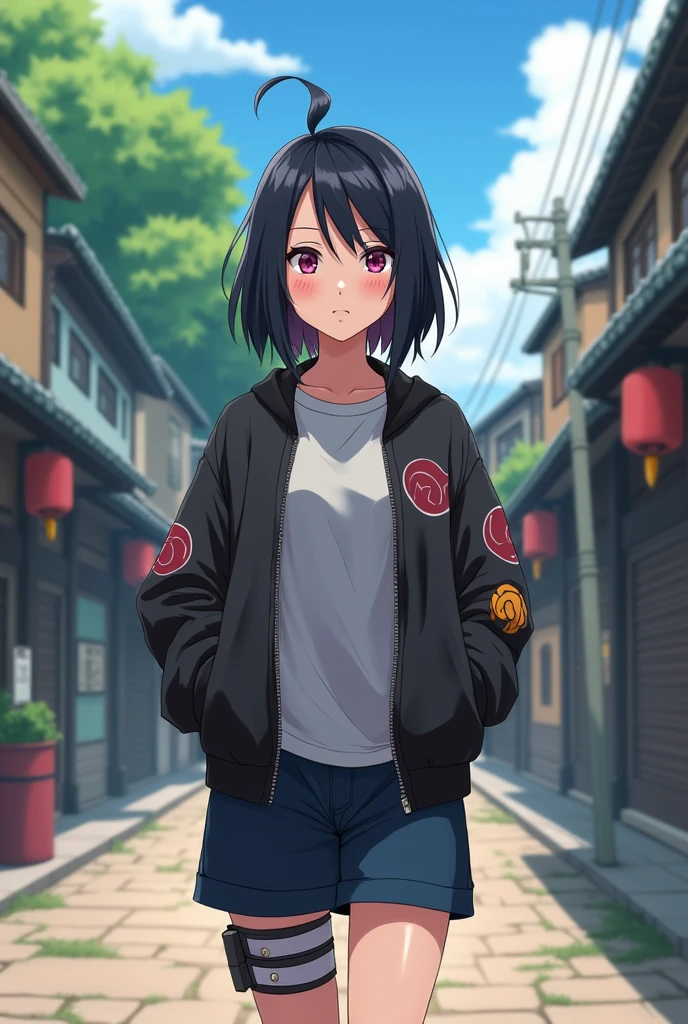 Anime girl. In Naruto Shippuden art style. Had a black hair and had a slight pink highlights on her hair. She look like a tomboy. Wearing a fashionable clothes. The background is she was at walking at the leaf village.