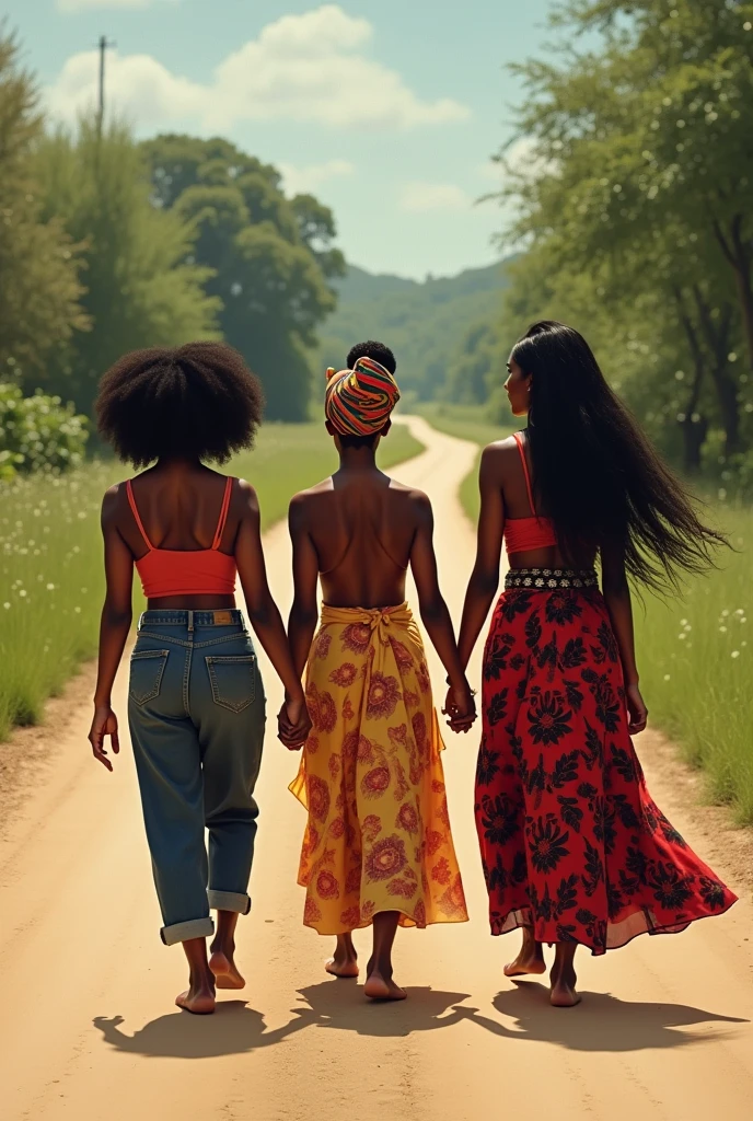 A black Brazilian woman walking down a dirt road, all facing the photo, with a colorful turban printed on her hair, short stature and curvy body, holding hands with a 2 black woman, tall stature, statuesque body, wearing a long red and black skirt, Spanish style, barefoot and long black hair, realistic image, only two people in the image.