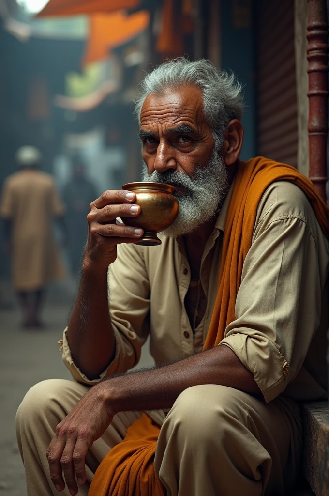 An old village man smoking a beedi.
An old man wearing a dhoti, kurta and turban.
