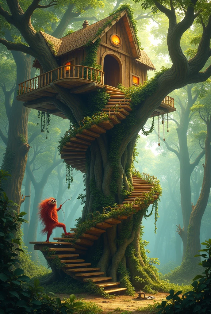Curupira character in a forest building a tree house with a spiral staircase