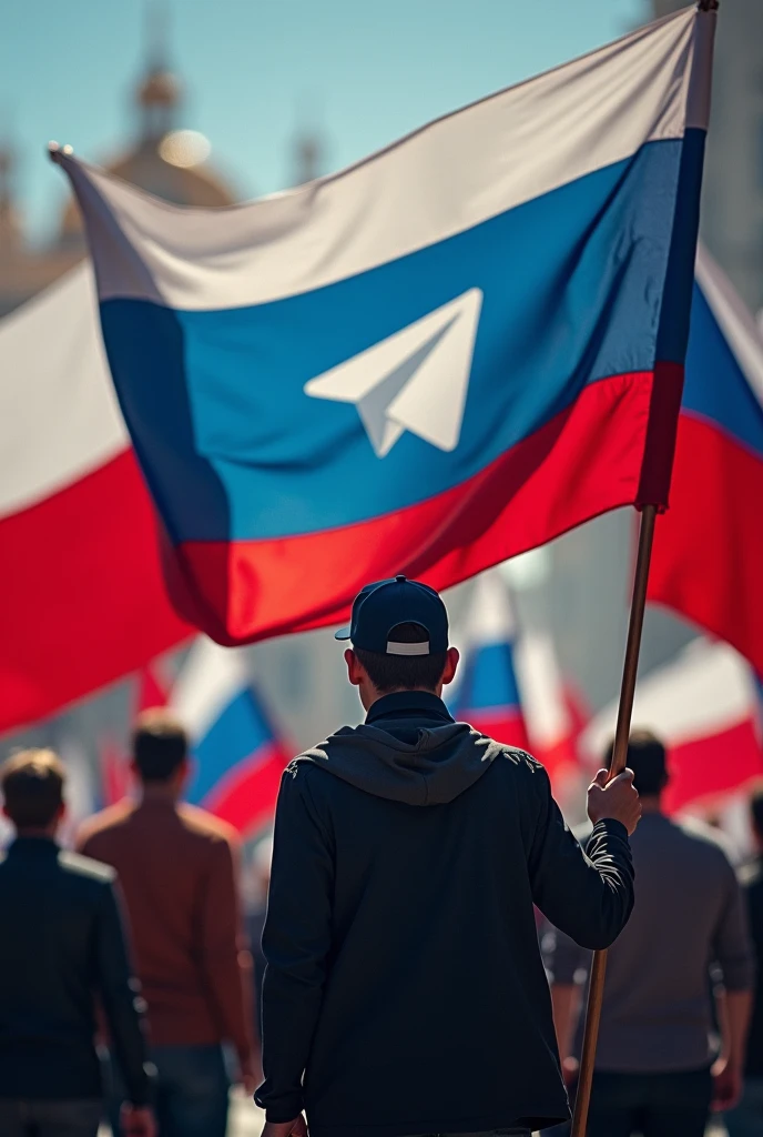 In the picture, a A guy is wearing a cap and holding a flag with the Telegram logo in front of it, and next to it are Polish flags. TELEGRAM NOMERLAR It is written