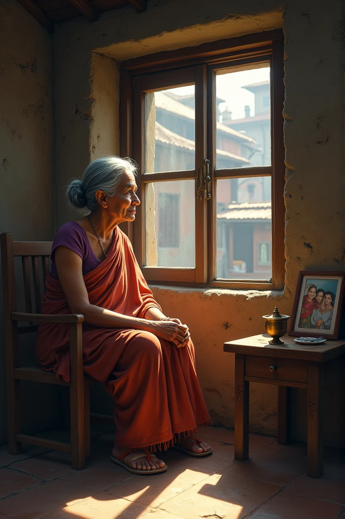 A small, traditional Nepalese home with stone walls and a wooden window where Maya Devi sits, gazing out with a wistful expression. The window is slightly open, letting in soft, diffused sunlight that gently illuminates her weathered face. She’s wearing a simple, faded sari, her silver hair tied in a loose bun. Behind her, the room is sparse, with just a few pieces of wooden furniture—a small table with a framed photograph of her family, perhaps her husband and children when they were young. A small brass lamp is beside the photo, symbolizing the light she keeps burning for them. Outside the window, the narrow streets of Bhaktapur are visible, quiet and empty, emphasizing her solitude