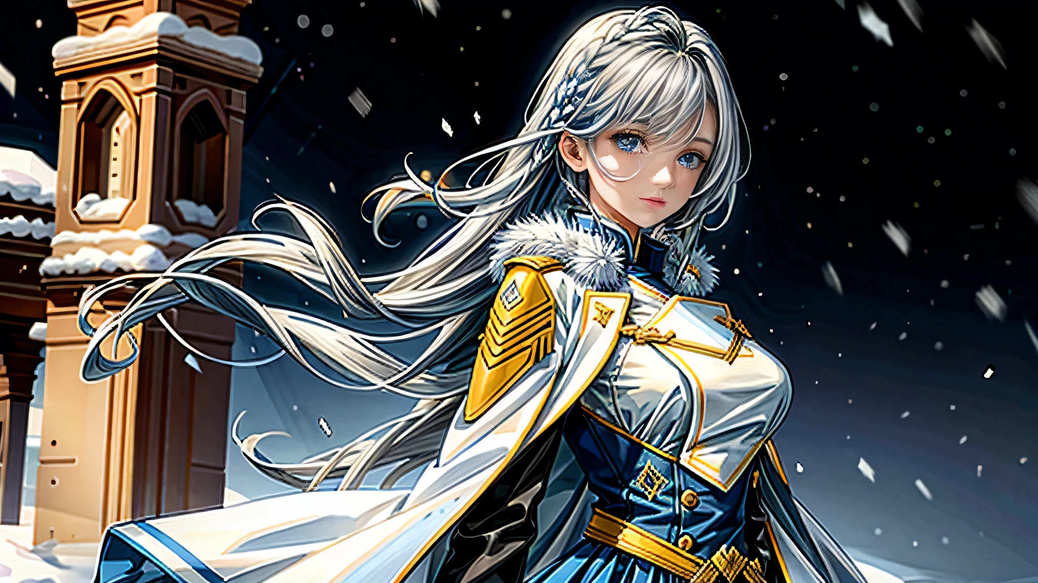 (highest resolution, distinct_image), realistic, Best quality, single person, one girl, solo, masterpiece, highly detailed, realistic, long hair, braided white blond hair, (blue military uniform underneath the coat), depth of field, (falling snow), ((big breasts)), authoritative, dignified, calm and powerful expression, ambient lighting, exquisite facial feature, (fur-trimmed white coat), open coat, short skirt, looking at viewer, head to waist, dynamic angle, light smile, ((from front)), ((quiet and spacious plaza in background))