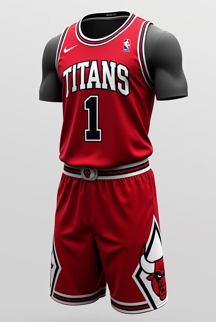 basketball uniform, inspired by the 96 Chicago Bulls, same colors, replacing the "Chicago" by "titans" and making small modifications based on the team "titans" has a white-furred gorilla as a mascot, use the titans mascot as inspiration for the uniform 