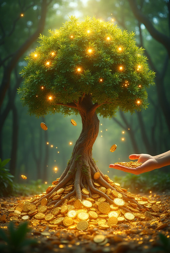 A plant rooted and growing from shimmering gold coins, which were given by a human hand, and the tree is able to grow a amount of money, with a forest background behind it