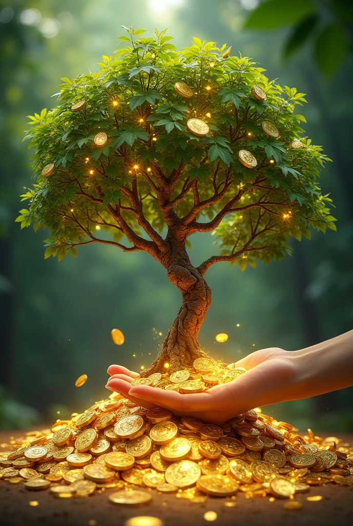 A plant rooted and growing from shimmering gold coins, which were given by a human hand, and the tree is able to grow a amount of money, with a forest background behind it
