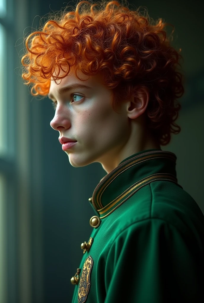Serious curly red-haired guy with blue eyes. Standing in profile and looking at the screen. Dressed in Slytherin uniform. Realism.