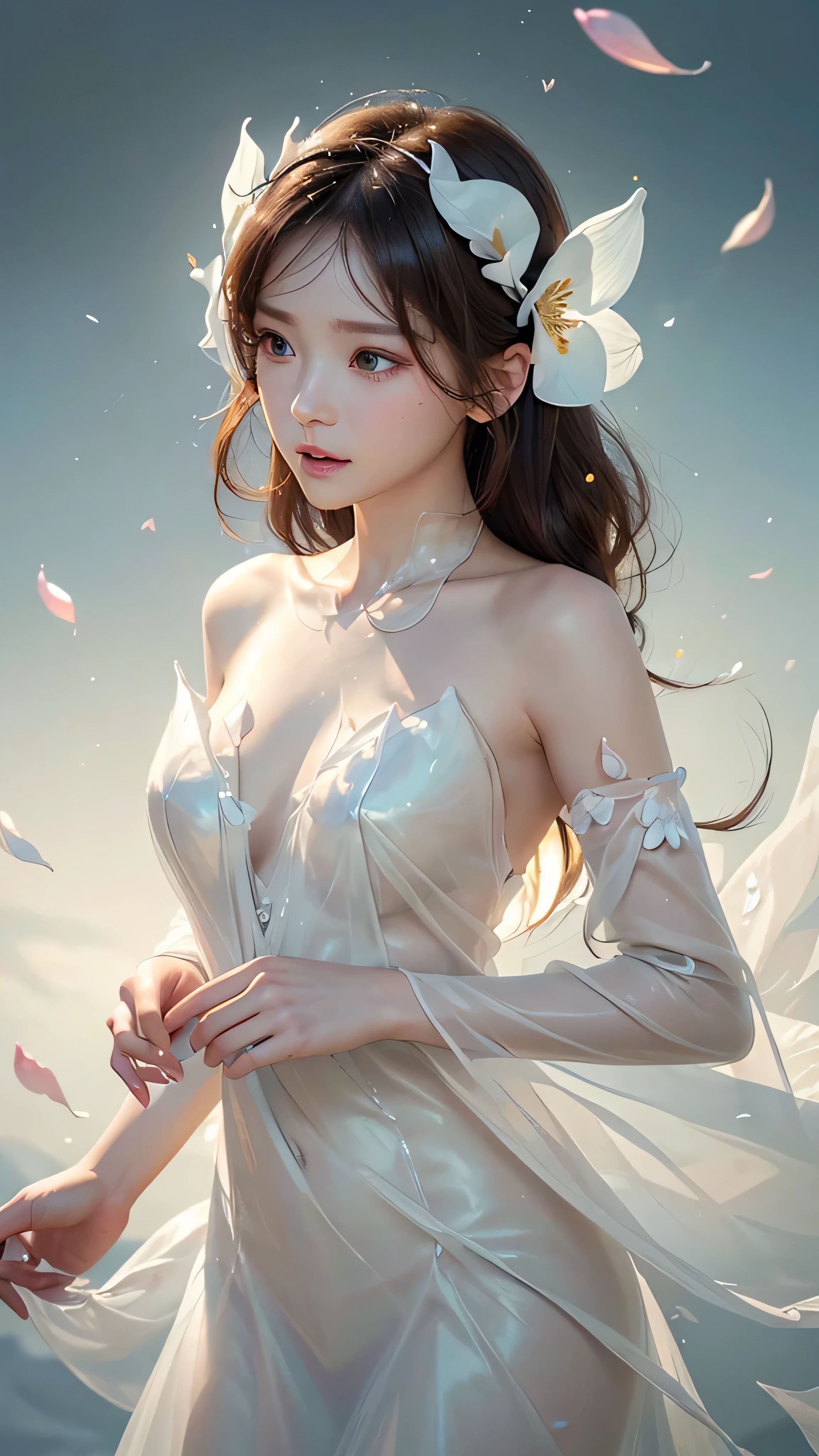 white background、professional lighting、(((professional lighting 1.5)))、translucent skin texture、clean skin、beautiful skin、translucent skin、whiting、brown hair、off the shoulder、see through、(((Numerous flower petals flutter)))、Ecstasy of the score 1.5、I can see the flowing notes、