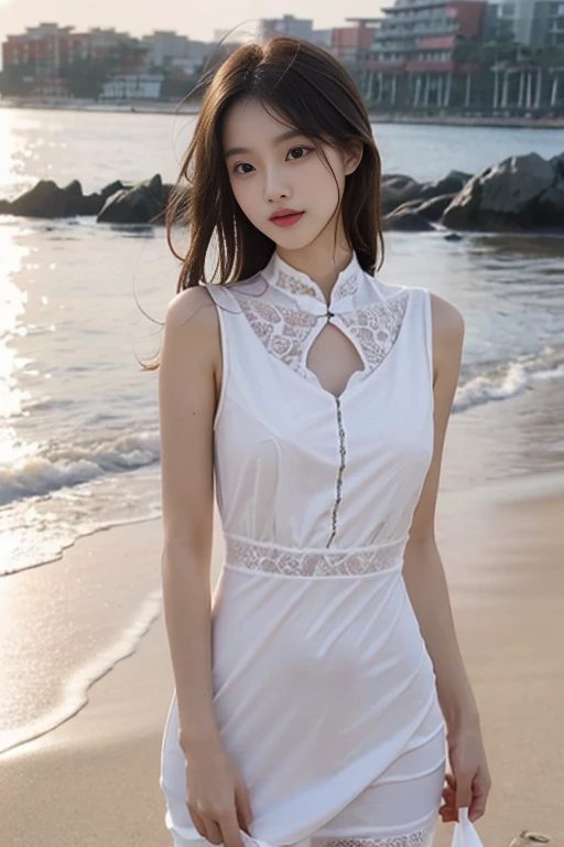 1 Girl,seaside,Soft Light,Chinese Beauty,Suspender dress