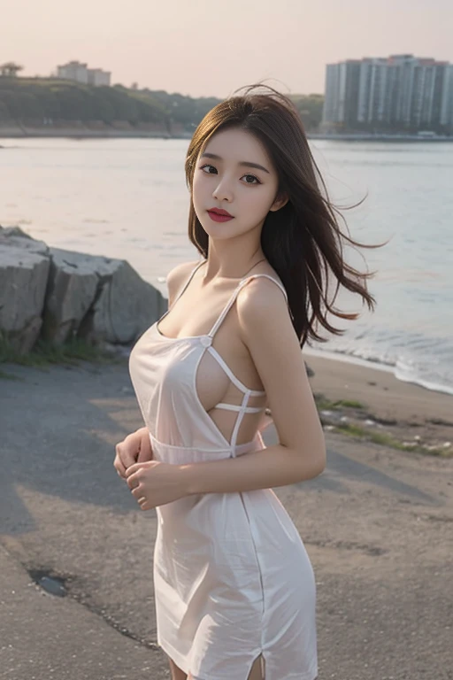 1 Girl,seaside,Soft Light,Chinese Beauty,Suspender dress