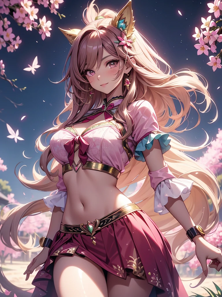 (best quality,4k,8k,highres,masterpiece:1.2),ultra-detailed,(realistic,photorealistic,photo-realistic:1.37),acrylic painting,beautiful Brazilian model in a genshin pink outfit with downy hair,beautiful Brazilian model with extremely colorful brown hair and detailed facial features,beautiful Brazilian model standing in a beautiful garden surrounded by a starry sky,brown hair,beautiful Brazilian model wearing a vibrant pink gokd and teal genshin outfit,beautiful Brazilian model with intricate accessories,cat ears, ,beautiful Brazilian model with long flowing twintails,beautiful Brazilian model with bright brown eyes and rosy lips,beautiful Brazilian model with a joyful expression,beautiful Brazilian model in a dynamic pose with cherry blossoms falling around her,beautiful Brazilian model surrounded by colorful flowers and butterflies,beautiful Brazilian model's school uniform outfit adorned with cute bows and lace details red and gold,beautiful Brazilian model with an enchanting smile,beautiful Brazilian model with soft, pastel-colored shading,beautiful Brazilian model with a magical glow illuminating her,beautiful Brazilian model in a picturesque setting with a winding path leading to a magnificent castle,beautiful Brazilian model with a fairytale-like background,beautiful Brazilian model with a soft, dreamy atmosphere,beautiful Brazilian model with a subtle bokeh effect,beautiful Brazilian model standing under a sunny sky,beautiful Brazilian model with a warm, golden sunset in the background,beautiful Brazilian model surrounded by twinkling stars and colorful nebulae,creating an ethereal and captivating artistic masterpiece, facing camera, uniform outfit genshin