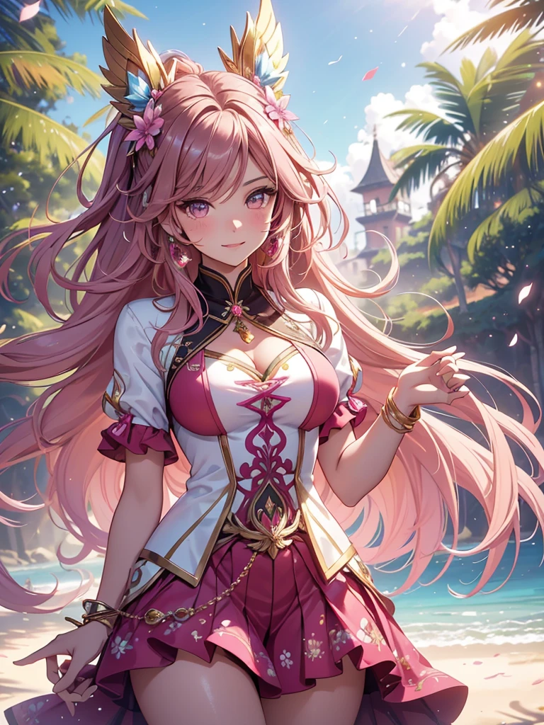 (best quality,4k,8k,highres,masterpiece:1.2),ultra-detailed,(realistic,photorealistic,photo-realistic:1.37),acrylic painting,beautiful Brazilian model in a genshin pink outfit with downy hair,beautiful Brazilian model with extremely colorful brown hair and detailed facial features,beautiful Brazilian model standing in a beautiful garden surrounded by a starry sky,brown hair,beautiful Brazilian model wearing a vibrant pink gokd and teal genshin outfit,beautiful Brazilian model with intricate accessories,cat ears, ,beautiful Brazilian model with long flowing twintails,beautiful Brazilian model with bright brown eyes and rosy lips,beautiful Brazilian model with a joyful expression,beautiful Brazilian model in a dynamic pose with cherry blossoms falling around her,beautiful Brazilian model surrounded by colorful flowers and erflies,beautiful Brazilian model's school uniform outfit adorned with cute bows and lace details red and gold,beautiful Brazilian model with an enchanting smile,beautiful Brazilian model with soft, pastel-colored shading,beautiful Brazilian model with a magical glow illuminating her,beautiful Brazilian model in a picturesque setting with a winding path leading to a magnificent castle,beautiful Brazilian model with a fairytale-like background,beautiful Brazilian model with a soft, dreamy atmosphere,beautiful Brazilian model with a subtle bokeh effect,beautiful Brazilian model standing under a sunny sky,beautiful Brazilian model with a warm, golden sunset in the background,beautiful Brazilian model surrounded by twin stars and colorful nebulae,creating an ethereal and captivating artistic masterpiece, facing camera, uniform outfit genshin 