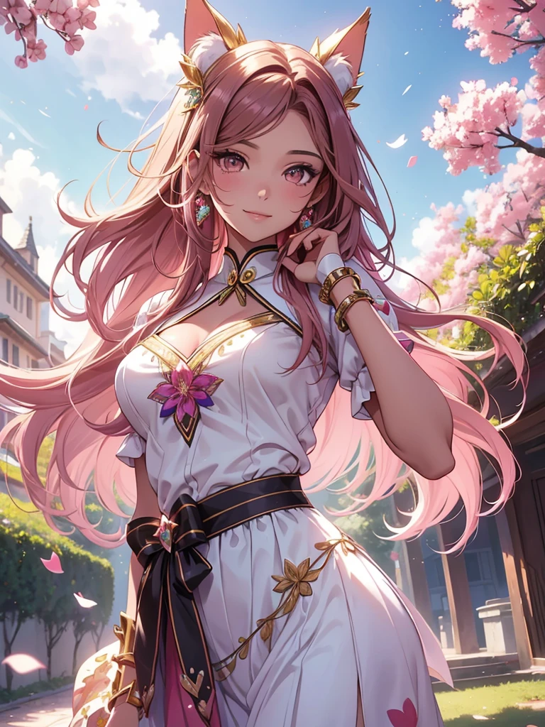 (best quality,4k,8k,highres,masterpiece:1.2),ultra-detailed,(realistic,photorealistic,photo-realistic:1.37),acrylic painting,beautiful Brazilian model in a genshin pink outfit with downy hair,beautiful Brazilian model with extremely colorful brown hair and detailed facial features,beautiful Brazilian model standing in a beautiful garden surrounded by a starry sky,pink hair,beautiful Brazilian model wearing a vibrant pink gokd and teal genshin outfit,beautiful Brazilian model with intricate accessories,cat ears, ,beautiful Brazilian model with long flowing twintails,beautiful Brazilian model with bright brown eyes and rosy lips,beautiful Brazilian model with a joyful expression,beautiful Brazilian model in a dynamic pose with cherry blossoms falling around her,beautiful Brazilian model surrounded by colorful flowers and butterflies,beautiful Brazilian model's school uniform outfit adorned with cute bows and lace details red and gold,beautiful Brazilian model with an enchanting smile,beautiful Brazilian model with soft, pastel-colored shading,beautiful Brazilian model with a magical glow illuminating her,beautiful Brazilian model in a picturesque setting with a winding path leading to a magnificent castle,beautiful Brazilian model with a fairytale-like background,beautiful Brazilian model with a soft, dreamy atmosphere,beautiful Brazilian model with a subtle bokeh effect,beautiful Brazilian model standing under a sunny sky,beautiful Brazilian model with a warm, golden sunset in the background,beautiful Brazilian model surrounded by twinkling stars and colorful nebulae,creating an ethereal and captivating artistic masterpiece, facing camera, uniform outfit genshin