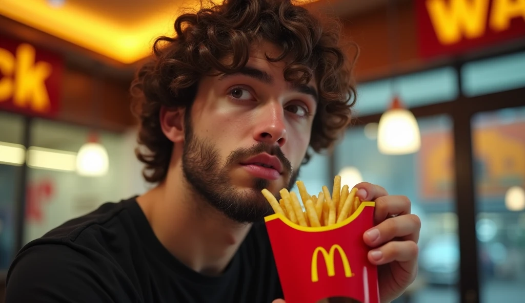 (masterpiece, best quality:1.2), (detailed, hyper-detailed, 8K HD, ultra-realistic:1.3), a close-up shot of a young man wearing a black T-shirt, with curly hair and a beard as seen in the provided image. The setting is a commercial for the fast-food restaurant "Wack," with a logo resembling McDonald's but featuring a "W". The man is holding a bag of fries with the "W" logo on it, and he is about to bring a fry to his mouth with his hand. The focus is on his face, capturing the moment filled with anticipation. The background features the warm and inviting lighting of a modern fast-food restaurant, with the "Wack" branding clearly visible. Emphasize the details of the scene, maintaining the expression and features faithful to the provided image. The image should be rendered in ultra-high resolution, with RAW photo quality, bringing out the details of the scene.