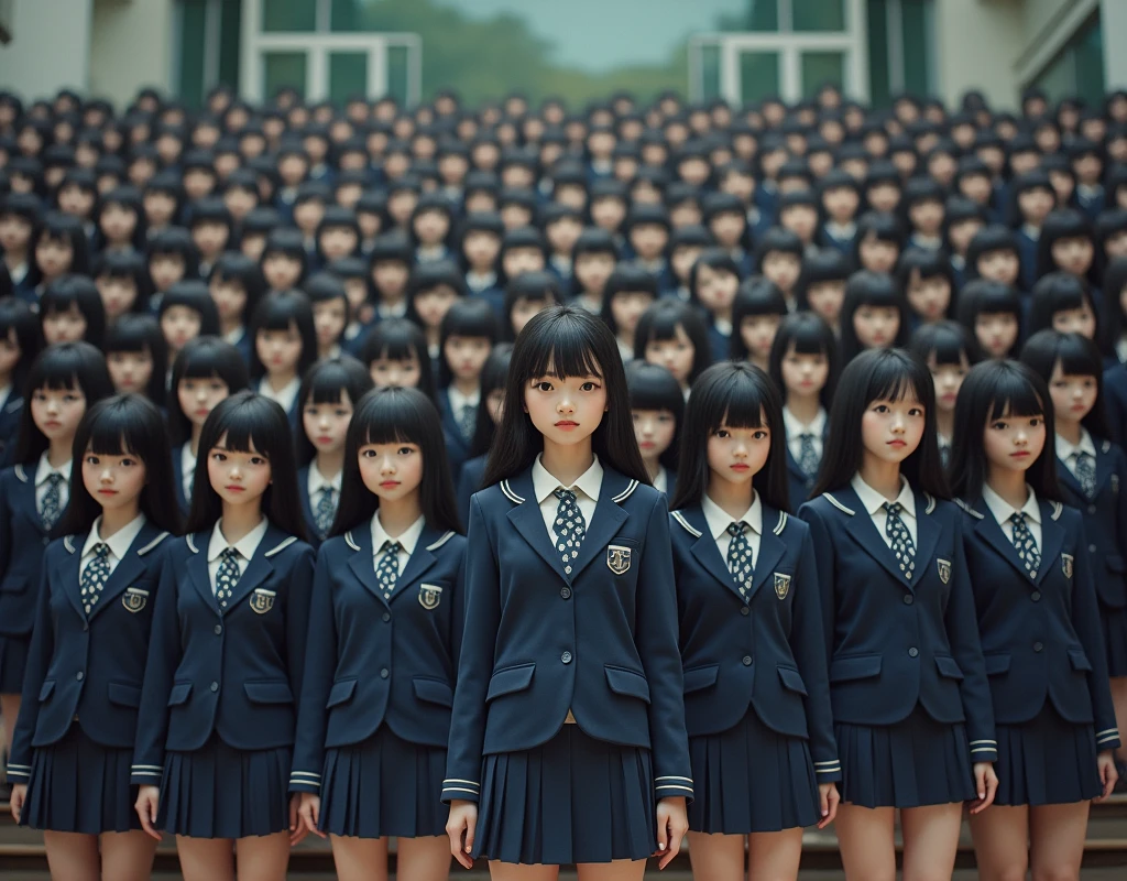 (Japanese Clone-girls=Myself), (Super Best masterpiece Clone-girls Raw Photography Art), (16K, Highest quality, Ultra-high resolution, RAW Photos), (It's so unrealistic., With unparalleled depiction, With an unfathomable sight, An unprecedented and shocking worldview, Clone-girls: In a world of mass reproduction, Ultra-realistic), (Japanese Girls, , Small face, Thick black hair, long hair, Dark Eyes, Mature face, かわいいsmile, Smiling face, A gentle gaze, Very pleasant look), (Very beautiful detailed girls, Accurate body structure, Accurate body movements, Very detailed body, (Super big breasts, Large bulge of ample breasts)), (Schoolgirl uniform, Short sleeve, mini skirt, Emphasise the fullness of your breasts), (Very detailed, Myself cloning, Depiction of splitting oneself, 1Myself girl→1,000,000,000,000,000,000,000,000,000,000Myself cloning girls), (Very detailed and intricate, Myself's body is multiplying, A perfectly matched depiction, (In the same female body,With the same face, With the same hairstyle, In the same clothes, At the same height, 同じSuper big breasts), 1,000,000,000,000,000,000,000,000,000,000 people mass proliferation), (Myself girls only), Academy, academic level, Commemorative photo depiction, Tiered stage photography, smile, Front view