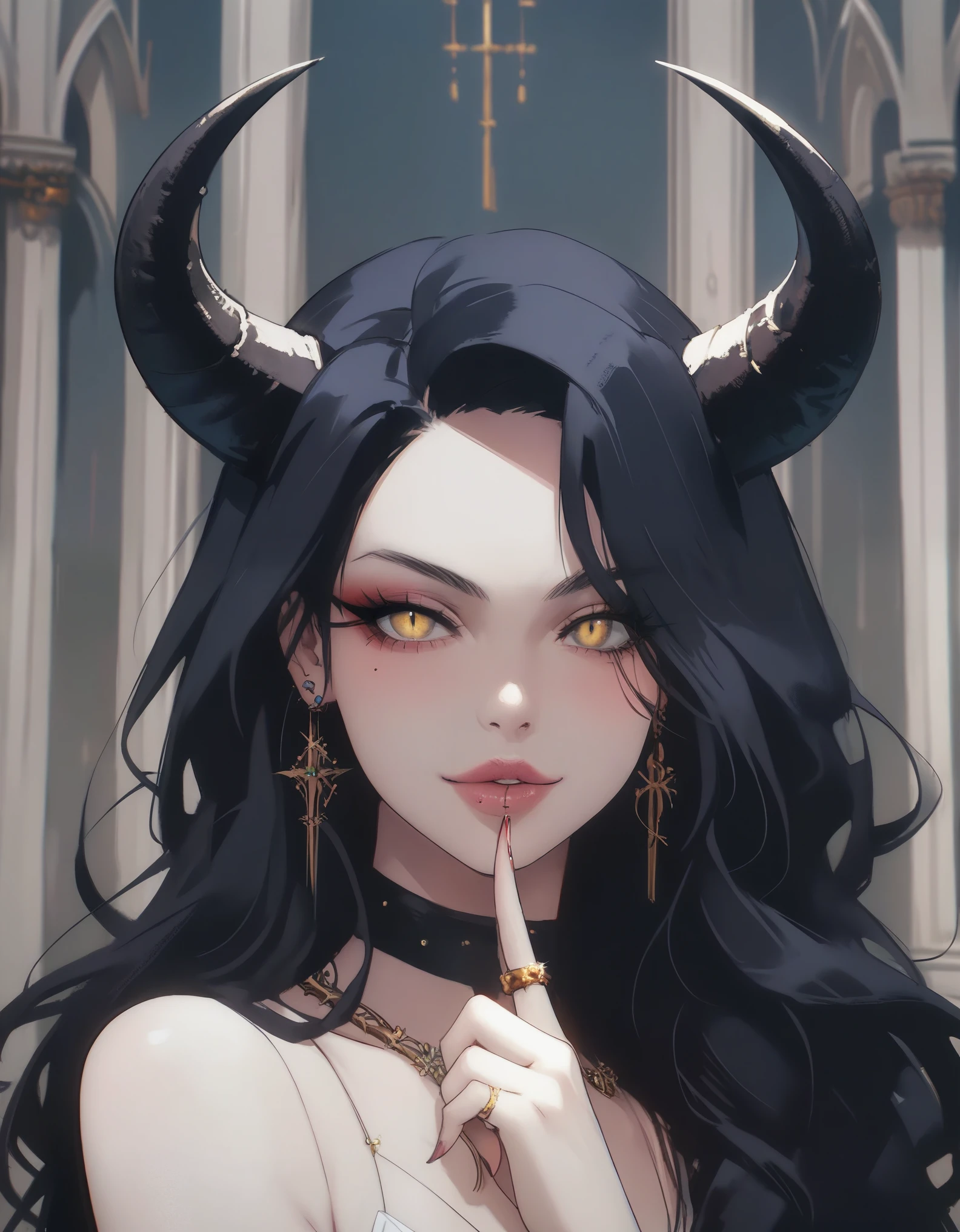 A demonic and seductive looking anime character, with black wings, long dark flowing hair, bright golden eyes, and curved horns like those of a ram. has pale skin, a mischievous smile and a playful and mysterious expression, holding a finger to his lips as if silencing someone. She wears a white dress with intricate detailing and gold accents, along with a blue gem on his chest. The scene is dramatically lit., with soft shadows that enhance her sharp features, as the background fades into darkness, adding an enigmatic and magical touch. The style is a mix of anime fantasy with intricate details, Capturing an intense portrait, close and dynamic