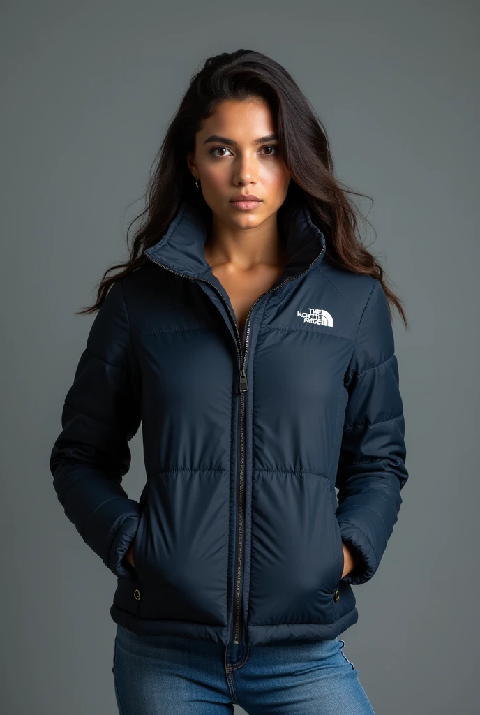 beautiful latin woman, standing straight facing forward,with a closed North Face cold weather jacket, denim jeans pants, on a greyish background. Medium camera shot.