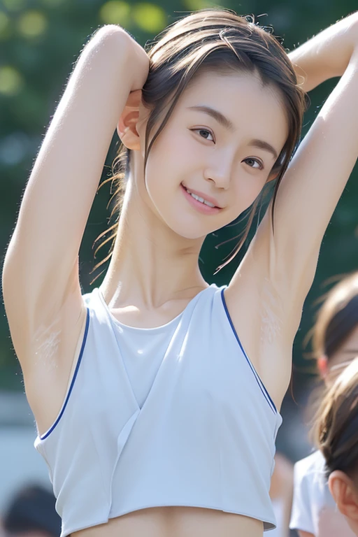 (best quality:1.2), masterpiece, (15-year-old, ultra cute kawaii:1.3), solo, smile, standing, looking at viewer, cowboy shot, (nup, cheerleader:1.2), ((focus on her armpits)), (((Sweaty armpits))), Armpit depression, ((((Dimpled Armpits)))), ((((Deeply wrinkled armpits))))