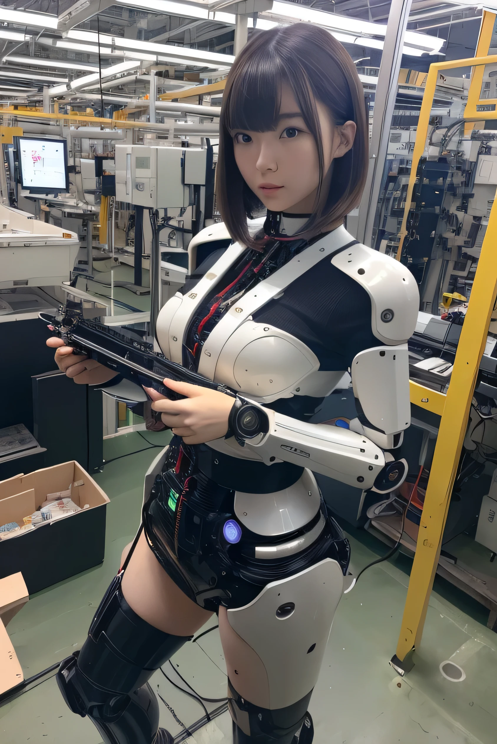 masterpiece, best quality, extremely detailed, Japaese android girl,Plump , control panels,android,Droid,Mechanical Hand, Robot arms and legs,Blunt bangs,long tube,thick cable connected her neck,（robot-assembly plant:1.4）,She has assembled now,（assembly scene:1.5）,blue eyes