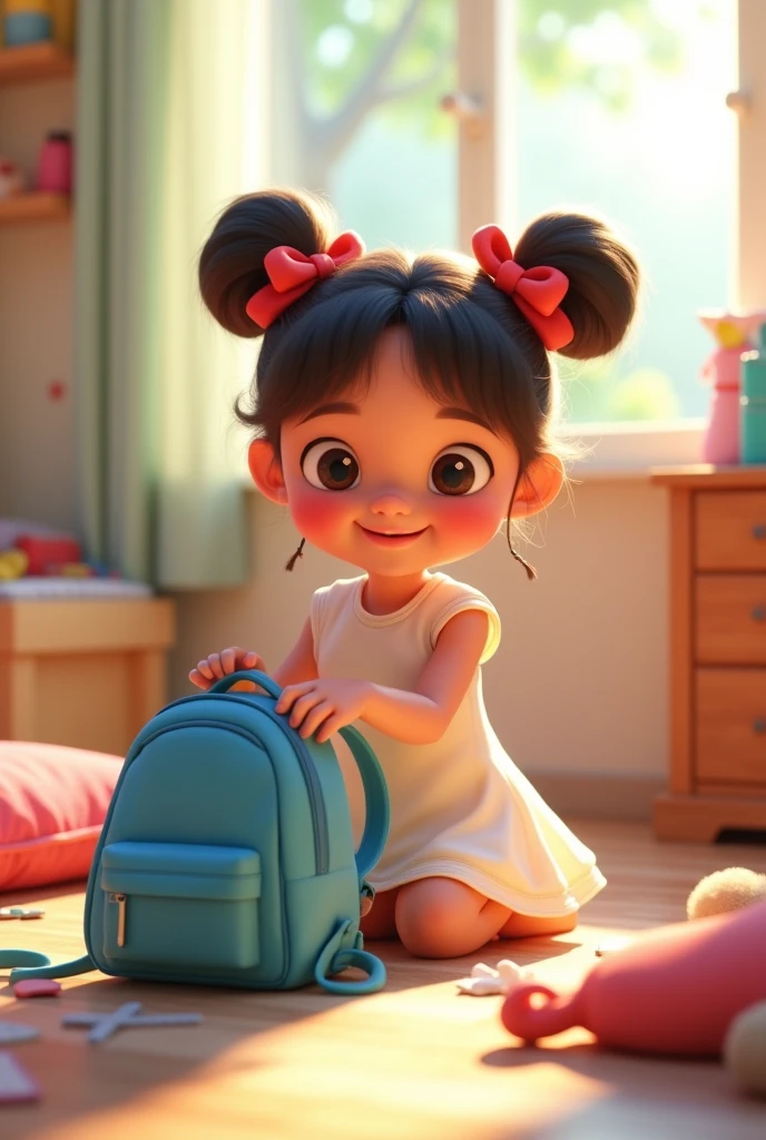 a in a white dress and a red ribbon in her hair packing clothes in a little blue backpack, 3D cartoon style, cinematic