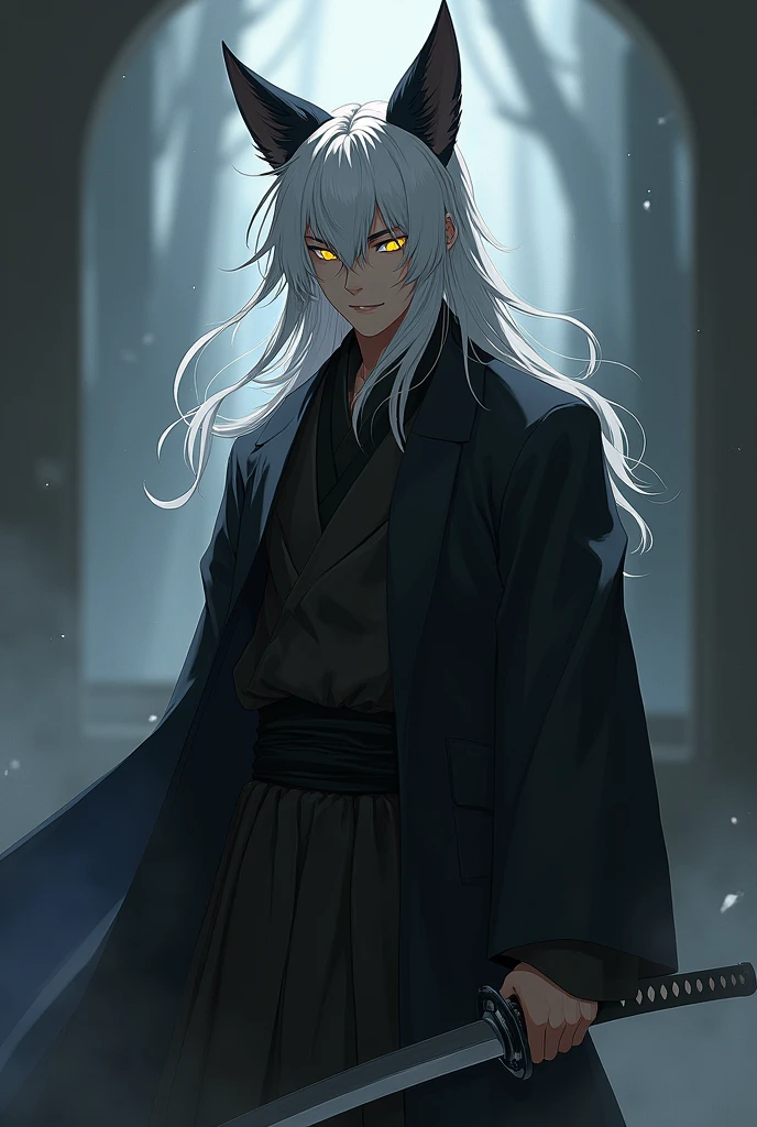 A handsome tall slim strong man, yellow eyes, anime, fox ears, black clothes, holding a katana, white hair