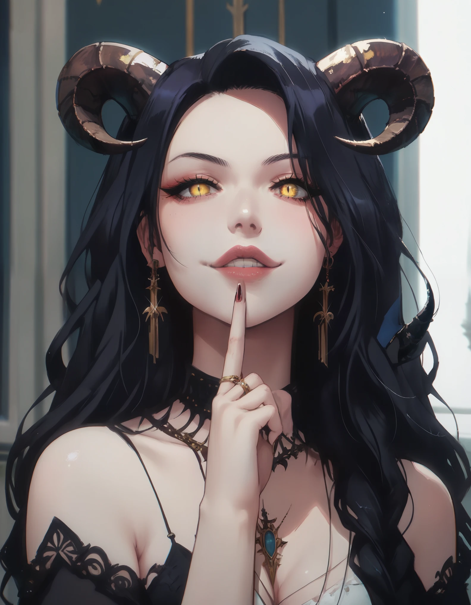 A demonic and seductive looking anime character, with black wings, long dark flowing hair, bright golden eyes, and curved horns like those of a ram. has pale skin, a mischievous smile and a playful and mysterious expression, holding a finger to his lips as if silencing someone. She wears a white dress with intricate detailing and gold accents, along with a blue gem on his chest. The scene is dramatically lit., with soft shadows that enhance her sharp features, as the background fades into darkness, adding an enigmatic and magical touch. The style is a mix of anime fantasy with intricate details, Capturing an intense portrait, close and dynamic