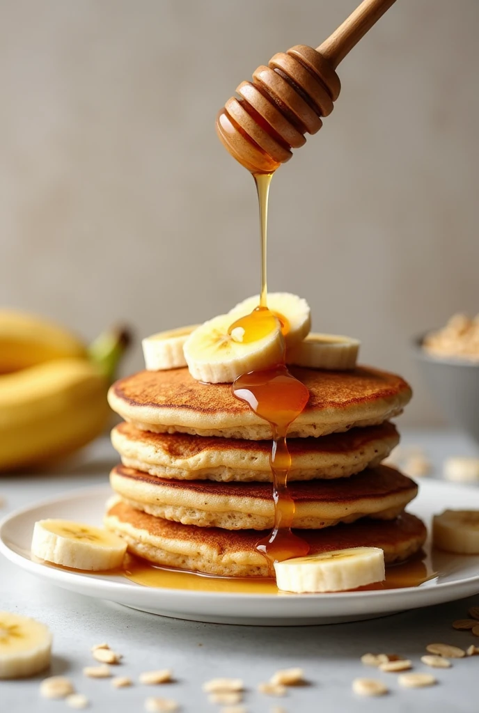Oatmeal Pancake: A stack of oat pancakes garnished with banana slices and a drizzle of honey.

