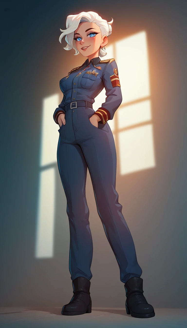 A full-body portrait of a beautiful young woman with white hair and light blue eyes. The image is viewed from a slightly low angle, showing her full figure in a modern military uniform. Her posture is strong and confident, with her cheeks subtly blushed, and she is glancing to the side. The background is minimalistic, ensuring the focus remains on her entire figure., light smile, depth of field, cinematic lighting, highres, best quality, super detail, masterpiece