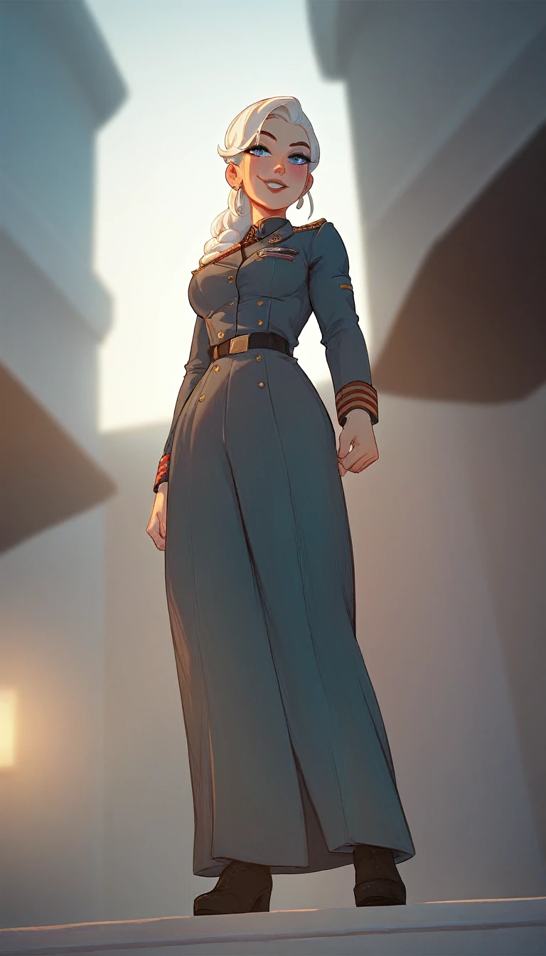 A full-body portrait of a beautiful young woman with white hair and light blue eyes. The image is viewed from a slightly low angle, showing her full figure in a modern military uniform. Her posture is strong and confident, with her cheeks subtly blushed, and she is glancing to the side. The background is minimalistic, ensuring the focus remains on her entire figure., light smile, depth of field, cinematic lighting, highres, best quality, super detail, masterpiece