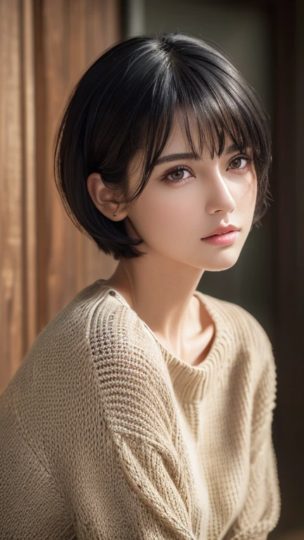 (masterpiece:1.3), (8k, Realistic, RAW Photos, Highest quality: 1.4), (One person), Beautiful Face, (Realistic Face), (Black Hair, short hair:1.3), Beautiful hairstyle, Realistic eyes, Beautiful attention to detail, (Realistic Skin), Beautiful Skin, (sweater), Absurd, Charm, Ultra-high resolution, Ultra-realistic, Very detailed, Golden Ratio