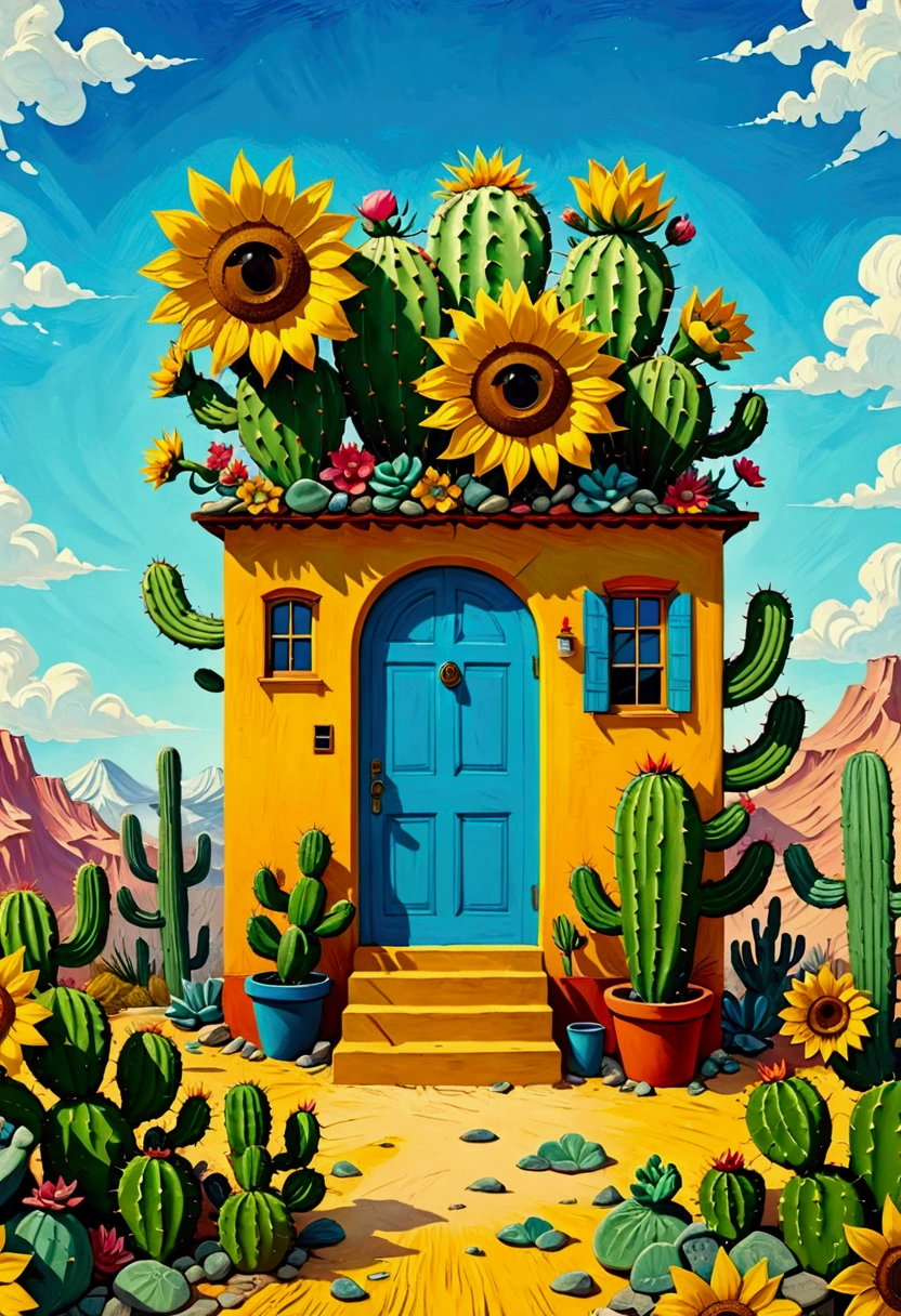 A painting of a cactus house，The painting shows a sunflower and a blue door, a Surrealismist painting by Justin Gerard, Winner of the Behance competition, pop Surrealismism, Android Jones&#39;s Works, Detailed 4k, Surrealism + Very detailed, Color illustrations, Very detailed visionary art, pop Surrealismism art style, Surrealismistic painting, Colorfull illustration, Surrealism painting, psychedelic Surrealism art