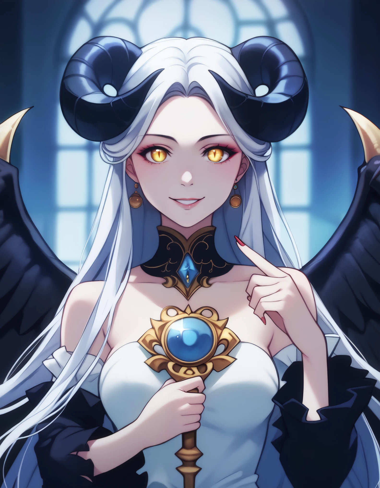 A demonic and seductive looking anime character, with black wings, long dark flowing hair, bright golden eyes, and curved horns like those of a ram. has pale skin, a mischievous smile and a playful and mysterious expression, holding a finger to his lips as if silencing someone. She wears a white dress with intricate detailing and gold accents, along with a blue gem on his chest. The scene is dramatically lit., with soft shadows that enhance her sharp features, as the background fades into darkness, adding an enigmatic and magical touch. The style is a mix of anime fantasy with intricate details, Capturing an intense portrait, close and dynamic